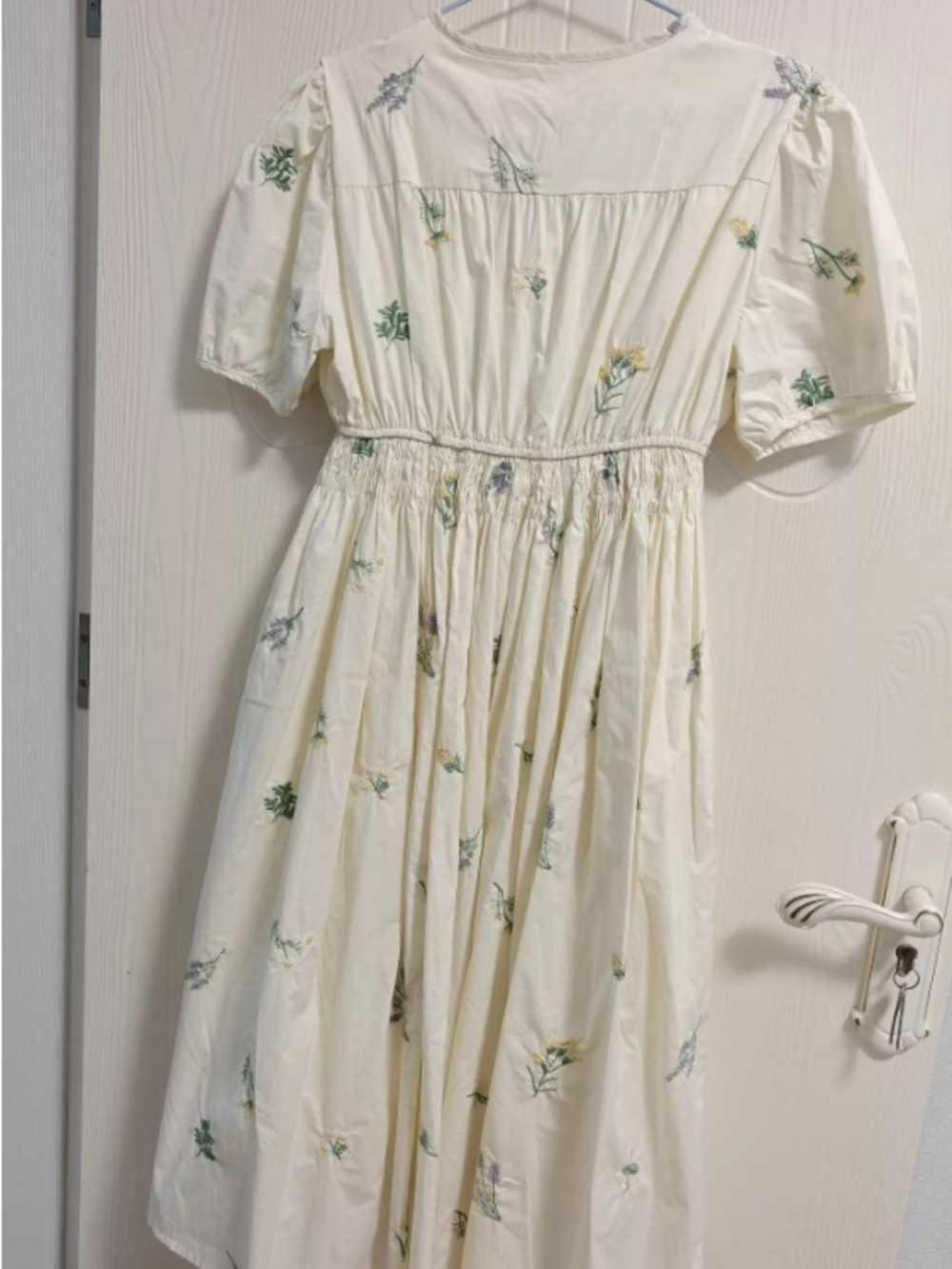 Ivory Floral Midi Dress with Green & Yellow Embroidery